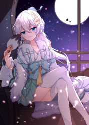 Rule 34 | 1girl, aqua bow, aqua skirt, blue eyes, blue ribbon, bow, chinese clothes, commentary, constellation, crossed legs, earrings, feather fan, full moon, fur trim, hair between eyes, hair ornament, hair stick, hairclip, highres, honkai (series), honkai impact 3rd, indoors, jewelry, long hair, long sleeves, looking at viewer, moon, night, night sky, petals, poinia, ribbon, silver hair, skirt, sky, smirk, solo, star (sky), starry sky, striped clothes, striped skirt, theresa apocalypse, thighhighs, vertical-striped clothes, vertical-striped skirt, very long hair, white thighhighs, wide sleeves, window, zhuge kongming (honkai impact)