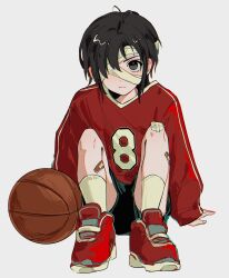 Rule 34 | 1boy, alternate costume, ball, bandage over one eye, bandaged head, bandages, bandaid, bandaid on knee, bandaid on leg, basketball (object), black hair, black shorts, closed mouth, commentary request, full body, highres, hua cheng, knees up, korean commentary, long sleeves, looking at viewer, male focus, red footwear, red shirt, reum e00, shirt, shoes, short hair, shorts, sitting, sneakers, solo, tianguan cifu