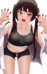 Rule 34 | 1girl, :o, absurdres, apple ringo, bare shoulders, black hair, black shorts, black sports bra, breasts, claw pose, collarbone, cowboy shot, crop top, drawstring, fangs, frown, hands up, highres, jacket, large breasts, leaning forward, long hair, long sleeves, looking at viewer, midriff, nail polish, navel, off shoulder, open clothes, open jacket, open mouth, original, red eyes, red nails, short shorts, shorts, sleeveless, solo, sports bra, standing, stomach, taut clothes, thick eyebrows, thighs, twintails, v-shaped eyebrows, white jacket