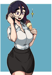 Rule 34 | 1girl, :d, adjusting hair, black hair, black skirt, blue background, border, breasts, cleavage, collared shirt, earrings, food, grey eyes, hair behind ear, hair between eyes, highres, holding, holding food, ice cream, ice cream cone, jewelry, large breasts, masgamjya, medium hair, miniskirt, natsumi (roresu), office lady, open mouth, shirt, shirt tucked in, skirt, smile, thick eyebrows, white border, white shirt