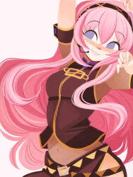 Rule 34 | 1girl, arm up, black hairband, black jacket, blue eyes, commentary, emmyluvscookies, english commentary, hairband, headset, highres, jacket, long hair, looking to the side, megurine luka, navel, pink hair, short sleeves, simple background, smile, solo, vocaloid, white background