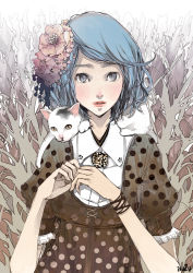 Rule 34 | 1girl, blue hair, cat, dress, fashion, flower, hair ornament, isuzu, isuzu (uzushi), solo