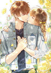 Rule 34 | 1boy, 1girl, artist name, blue jacket, blue shirt, bow, brown eyes, brown hair, flower, hair bow, holding hands, jacket, jewelry, long hair, luke pearce (tears of themis), necklace, noses touching, open mouth, rosa (tears of themis), rose, shirt, short hair, sleeves past elbows, tears of themis, white background, yellow flower, yellow rose, yookaiharuka