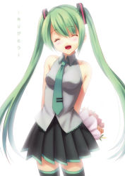 Rule 34 | 1girl, arms behind back, bad id, bad pixiv id, bouquet, closed eyes, flower, green hair, hatsune miku, head tilt, long hair, necktie, open mouth, simple background, skirt, solo, thighhighs, twintails, very long hair, vocaloid, white background, xiangtu
