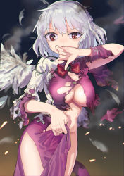 Rule 34 | 1girl, absurdres, bow, braid, breasts, burnt clothes, covering crotch, covering own mouth, covering privates, cowboy shot, dress, dress tug, feathered wings, feathers, gunnjou yosio, hair between eyes, hand to own mouth, highres, huge filesize, jacket, kishin sagume, looking at viewer, medium breasts, medium hair, no bra, no panties, purple dress, red bow, red eyes, red neckwear, silver hair, single wing, solo, thighs, torn clothes, torn dress, torn jacket, touhou, white wings, wings