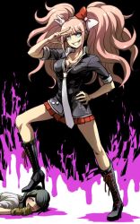Rule 34 | 10s, 2girls, black hair, blonde hair, blue eyes, blush, boots, breasts, cleavage, cross-laced footwear, danganronpa (series), danganronpa 3 (anime), enoshima junko, foot on head, freckles, gloves, grin, hair ornament, hand on own hip, high heel boots, high heels, ikusaba mukuro, incest, lace-up boots, long hair, masochism, multiple girls, necktie, rabbit hair ornament, salute, short hair, siblings, sisters, sleeves rolled up, smile, stepped on, twintails, two-finger salute, v, youko-shima