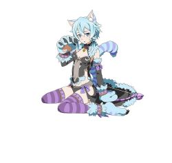 Rule 34 | 1girl, animal ears, animal hands, black panties, blue eyes, breasts, cat ears, cat paws, cat tail, cheshire cat (alice in wonderland), cheshire cat (cosplay), cleavage, cosplay, full body, highres, looking at viewer, official art, panties, purple thighhighs, simple background, sinon, sinon (sao-alo), small breasts, solo, striped clothes, striped thighhighs, sword art online, sword art online: code register, tail, thighhighs, underwear, white background