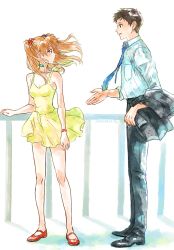 Rule 34 | 1boy, 1girl, age difference, aged up, breast pocket, dress, highres, ikari shinji, jacket, looking at another, neon genesis evangelion, non-web source, orange hair, pants, pocket, rebuild of evangelion, red footwear, simple background, size difference, souryuu asuka langley, unworn jacket, white background, yellow dress