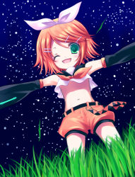 Rule 34 | aqua eyes, futaba miwa, grass, kagamine rin, midriff, night, one eye closed, outstretched arms, shorts, solo, spread arms, star (symbol), vocaloid, wink
