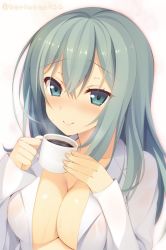 Rule 34 | 1girl, aotsu karin, bad id, bad pixiv id, blue eyes, blue hair, blush, breasts, cleavage, closed mouth, coffee, collarbone, crossed bangs, cup, dress shirt, fingernails, hair between eyes, holding, holding cup, large breasts, long hair, long sleeves, looking at viewer, no bra, nose blush, open clothes, open shirt, riddle joker, shikibe mayu, shiny skin, shirt, sidelocks, smile, solo, steam, tsurime, twitter username, upper body, wet, wet clothes, wet shirt, white background