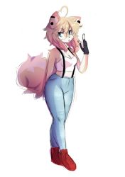 1girl ahoge anakoluth animal_ears black_gloves blonde_hair blue_eyes breasts cleavage crop_top denim dog_ears dog_girl dog_tail fingerless_gloves full_body furry furry_female glasses gloves highres index_finger_raised jeans looking_at_viewer medium_breasts original pants red_footwear round_eyewear shoes short_hair sneakers solo suspenders tail