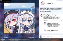 Rule 34 | 2girls, azur lane, bare shoulders, beach, black dress, black hat, blue eyes, blue sky, blunt bangs, blush stickers, book, bow, breasts, chibi, cloud, commentary, copyright name, day, detached collar, dress, dress bow, emden (azur lane), english commentary, english text, grey hair, hair ornament, hands up, hat, highres, horizon, large breasts, long hair, long sleeves, motion lines, multiple girls, musical note, nejikirio, no nose, ocean, official art, open book, outdoors, puffy long sleeves, puffy sleeves, purple hair, red eyes, sky, very long hair, water, white dress, white hat