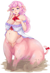 Rule 34 | 1girl, animal ears, bottomless, bow, breasts, centauroid, cleavage, drooling, dunceneygak, earrings, full body, hair ornament, hairclip, hand on own cheek, hand on own chest, hand on own face, highres, huge breasts, jewelry, long hair, monster girl, mud, multiple legs, navel, original, pig ears, pig girl, pig snout, pig tail, pink hair, pregnant, purple eyes, shiny skin, simple background, snout, solo, tail, tail bow, tail ornament, taur, white background