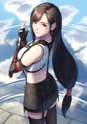 Rule 34 | 1girl, adjusting clothes, adjusting gloves, bare shoulders, black gloves, black hair, black skirt, black sports bra, black thighhighs, blue sky, bracelet, breasts, closed mouth, cloud, cloudy sky, commentary, cowboy shot, crop top, earrings, elbow gloves, final fantasy, final fantasy vii, final fantasy vii rebirth, final fantasy vii remake, fingerless gloves, from behind, gloves, guitaristkaz, hair behind ear, highres, jewelry, large breasts, lips, long hair, looking at viewer, looking to the side, low-tied long hair, midriff, nail polish, open hand, pink lips, pink nails, red eyes, reflection, reflective water, single arm guard, single earring, single sidelock, skirt, sky, smile, solo, sports bra, suspender skirt, suspenders, swept bangs, tank top, thighhighs, tifa lockhart, very long hair, white tank top, zettai ryouiki