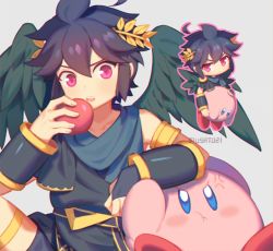 Rule 34 | 1other, angry, apple, black hair, blue eyes, bracelet, chibi, closed mouth, dark pit, food, fruit, gloves, jewelry, kid icarus, kid icarus uprising, kirby, kirby (series), nintendo, open mouth, red eyes, short hair, super smash bros., sword, weapon, wings, wusagi2