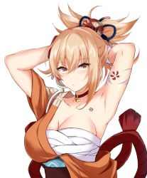 Rule 34 | 1girl, armpits, arms behind head, arms up, bad id, bad twitter id, bandages, blonde hair, blush, breasts, chest sarashi, chest tattoo, choker, cleavage, collarbone, commentary request, genshin impact, hair between eyes, highres, japanese clothes, kimono, large breasts, looking at viewer, orange kimono, ponytail, red choker, sarashi, short hair, sidelocks, simple background, solo, strapless, tattoo, tube top, upper body, watarase piro, white background, yellow eyes, yoimiya (genshin impact)