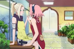 Rule 34 | 2girls, apron, bare arms, bare shoulders, blonde hair, blue eyes, blue hairband, breasts, couple, eye contact, hairband, haruno sakura, highres, holding hands, looking at another, multiple girls, naruto, naruto (series), pink hair, ponytail, short hair, short ponytail, small breasts, spiked hair, tagme, yamanaka ino, yuri