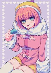 Rule 34 | 1girl, ando ruruka, arm support, blush, breasts, commentary request, cowboy shot, danganronpa (series), danganronpa 3 (anime), food, fur-trimmed jacket, fur trim, hand up, hat, heart, holding, holding food, invisible chair, jacket, large breasts, long sleeves, looking at viewer, orange hat, orange shorts, pink hair, pink jacket, sasakama (sasagaki01), short hair, short shorts, shorts, sitting, solo, thighhighs, tongue, tongue out, white thighhighs, yellow shorts
