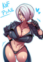 Rule 34 | 1girl, angel (kof), blue eyes, breasts, chaps, cleavage, cropped jacket, fingerless gloves, gloves, hair over one eye, highres, large breasts, looking at viewer, navel, panties, short hair, simple background, smile, solo, the king of fighters, tukiwani, underwear, white background, white hair