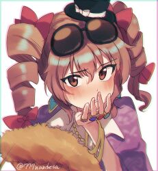 Rule 34 | 1girl, black hat, blush, bow, bracelet, brown eyes, brown hair, commentary request, drill hair, earrings, eyewear on head, fur trim, hand fan, hat, hat bow, highres, holding, holding fan, jewelry, kosaka sakasa, looking at viewer, mini hat, mini top hat, necklace, one-hour drawing challenge, ring, round eyewear, simple background, solo, sunglasses, top hat, touhou, twin drills, twitter username, upper body, white background, white bow, yorigami jo&#039;on