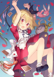 Rule 34 | 1girl, alice in wonderland, apron, arms up, ass, bad id, bad pixiv id, blonde hair, blue background, blush, card, cup, dress, fang, flandre scarlet, gradient background, hair ribbon, heart, maid apron, open mouth, petals, plate, playing card, pocket watch, puffy short sleeves, puffy sleeves, red dress, red eyes, ribbon, rie (reverie), saucer, shoes, short sleeves, side ponytail, socks, solo, stuffed animal, stuffed rabbit, stuffed toy, tea, teacup, touhou, upskirt, watch, wings