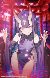 Rule 34 | 1girl, alternate costume, alternate hairstyle, breasts, china dress, chinese clothes, claw pose, closed mouth, covered navel, cowboy shot, detached sleeves, dress, fate/grand order, fate (series), grpa2383, hands up, headpiece, highres, horns, looking at viewer, medium hair, oni, pelvic curtain, purple dress, purple eyes, purple hair, shuten douji (fate), sidelocks, skin-covered horns, small breasts, smile, solo, thighs, wide sleeves