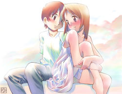 Rule 34 | 1boy, 1girl, barefoot, blush, brown eyes, brown hair, child, couple, dress, eye contact, green shirt, hetero, iuro, knee up, knees to chest, hugging own legs, leg up, legs, light, looking at another, pants, parted lips, shirt, short hair, short sleeves, sitting, sleeveless, sleeveless dress, smile, source request, sundress, teeth, white dress