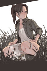 Rule 34 | 00s, 1girl, amasawa yuuko, brown eyes, brown hair, dennou coil, glasses, grass, jacket, lowres, non-web source, panties, panty pull, pee, peeing, solo, squatting, twintails, underwear, white panties