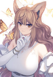 Rule 34 | 1girl, animal ears, asicah, belt, black belt, bracelet, breasts, brown hair, bug, butterfly, commentary, copyright request, elbow gloves, gloves, highres, index finger raised, insect, jewelry, large breasts, long hair, looking at viewer, shirt, simple background, sleeveless, sleeveless shirt, smile, solo, symbol-only commentary, upper body, very long hair, wavy hair, white background, white gloves, white shirt, wireless earphones, yellow butterfly, yellow eyes