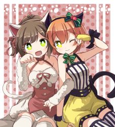 Rule 34 | 10s, 2girls, :d, ;), ;3, animal ears, animal hands, breasts, cat ears, cat paws, cat tail, cleavage, collarbone, crossover, dress, fang, fangs, fingerless gloves, gloves, halterneck, hoshizora rin, idolmaster, idolmaster cinderella girls, kemonomimi mode, looking at viewer, love live!, love live! school idol festival, love live! school idol project, maekawa miku, medium breasts, multiple girls, one eye closed, open mouth, paw pose, polka dot, polka dot background, red dress, ribbon, shipii (jigglypuff), side-by-side, simple background, sleeveless, sleeveless dress, smile, striped clothes, striped legwear, striped thighhighs, tail, teeth, thighhighs, vertical-striped clothes, vertical-striped legwear, vertical-striped thighhighs, wrist ribbon