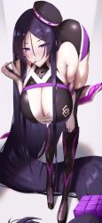 Rule 34 | 1girl, absurdly long hair, absurdres, bare shoulders, black hat, black thighhighs, breasts, cleavage, fate/grand order, fate (series), hanging breasts, hat, highres, large breasts, leaning forward, long hair, looking at viewer, minamoto no raikou (fate), parted bangs, purple eyes, purple hair, race queen, shiroshisu, smile, thighhighs, very long hair