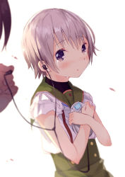 Rule 34 | 10s, 1girl, bad id, bad pixiv id, blue eyes, cd player, crying, crying with eyes open, discman, earphones, gakkou gurashi!, highres, naoki miki, school uniform, shared earphones, short hair, shouin, silver hair, simple background, solo focus, tears, white background