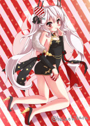Rule 34 | 1girl, azur lane, bare shoulders, black bow, black dress, black footwear, blue bow, blush, bow, box, breasts, cleavage, closed mouth, detached sleeves, diagonal stripes, doily, dress, fang, fang out, finger to mouth, fingernails, full body, fur collar, gift, gift box, hair bow, hair ornament, heart, heart-shaped box, heart hair ornament, high heels, highres, hikaru6382, holding, holding gift, kneeling, long hair, long sleeves, looking at viewer, looking to the side, medium breasts, polka dot, polka dot background, red eyes, short dress, silver hair, sleeveless, sleeveless dress, smile, solo, striped, striped background, twintails, twitter username, vampire (azur lane), vampire (the breath of spring) (azur lane), very long hair