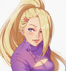 Rule 34 | 1girl, anihelate, artist name, breasts, cleavage, cleavage cutout, clothing cutout, earrings, ears visible through hair, hair ornament, hair over one eye, hairclip, high ponytail, highres, jewelry, long hair, medium breasts, naruto (series), naruto shippuuden, one eye closed, pink lips, smile, solo, stud earrings, turtleneck, upper body, yamanaka ino