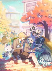 Rule 34 | 3boys, 4girls, absurdres, aether (genshin impact), ahoge, alternate costume, alternate universe, arm grab, arm up, autumn leaves, bento, black scarf, black skirt, blazer, blonde hair, blue bow, blue bowtie, blue eyes, blue gemstone, blue hair, blue necktie, blue skin, blue sky, blush, bow, bowtie, braid, branch, brother and sister, brown jacket, brown pants, brown pantyhose, brown skirt, brown vest, bush, buttons, can, closed eyes, cloud, collared jacket, collared shirt, colored skin, commentary request, creature, crying, crying with eyes open, crystal hair ornament, day, dl (dl 6ix), drink can, drop-shaped pupils, eating, eyelashes, flower, flying, food, food on face, furina (genshin impact), gem, genshin impact, gentilhomme usher, grabbing, green bow, green bowtie, grey footwear, grey hair, hair between eyes, hair flower, hair ornament, halo, hands up, heterochromia, highres, holding, holding bento, holding food, holding sandwich, holding spoon, jacket, leaf, long hair, long sleeves, looking at another, lumine (genshin impact), mademoiselle crabaletta, maple leaf, mechanical halo, mismatched pupils, multicolored hair, multiple boys, multiple girls, necktie, neuvillette (genshin impact), open clothes, open jacket, open mouth, orange footwear, outdoors, package, paimon (genshin impact), pants, pantyhose, sandwich, scarf, school, shadow, shirt, shoes, short hair, short hair with long locks, siblings, sidelocks, sitting, sitting on stairs, skirt, sky, smile, sneakers, socks, soda can, spoon, stairs, surintendante chevalmarin, symbol-shaped pupils, tears, tongue, tree, two-tone hair, vest, white flower, white hair, white shirt, white socks, window, wriothesley (genshin impact), yellow eyes
