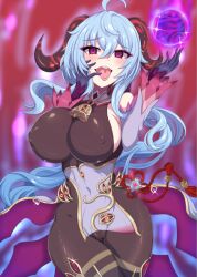 Rule 34 | 1girl, ahoge, aura, bare shoulders, bears the hina, blue hair, blush, bodysuit, breasts, cameltoe, cleft of venus, corruption, dark aura, detached sleeves, ganyu (genshin impact), genshin impact, gloves, goat horns, horns, huge breasts, leotard, long hair, looking at viewer, naughty face, open mouth, orb, pantyhose, pelvic curtain, purple eyes, smile, solo, thick thighs, thighs, tongue, tongue out, very long hair, wide hips