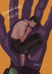Rule 34 | 1boy, absurdres, closed eyes, collared shirt, dated, eva 01, fetal position, full body, happy birthday, highres, ikari shinji, in palm, interlocked fingers, lying, male focus, matsuko (mrimri3), neon genesis evangelion, on side, own hands clasped, own hands together, pants, shirt, shoes, sneakers, solo