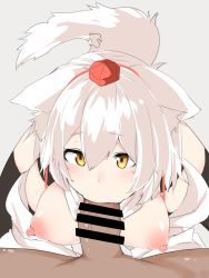 Rule 34 | 1boy, 1girl, animal ears, artist request, breasts, breasts out, censored, fellatio, fox ears, fox girl, fox tail, from above, highres, houkai (collapse illust), inubashiri momiji, large breasts, nipples, oral, penis, pov, short hair, tail, touhou, white hair, yellow eyes