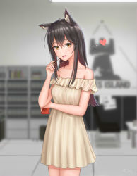 Rule 34 | 1girl, :d, absurdres, alternate costume, animal ear fluff, animal ears, arknights, bad id, bad pixiv id, bare shoulders, beige dress, black hair, blurry, blurry background, blush, brown eyes, brown hair, collarbone, commentary, cowboy shot, dress, food, hair between eyes, hand up, heart, highres, holding, holding food, indoors, long hair, looking at viewer, multicolored hair, off-shoulder dress, off shoulder, open mouth, pocky, short dress, sidelocks, smile, solo, standing, suggestive fluid, texas (arknights), wolf ears, yuyuyu (pixiv19949705)