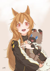Rule 34 | 1girl, absurdres, animal, animal ears, arknights, black jacket, brown hair, ceobe (arknights), dog, dog ears, dog girl, fang, grey background, hair between eyes, highres, holding, holding animal, jacket, long hair, long sleeves, looking at viewer, open mouth, red eyes, robinlovesop, simple background, solo, upper body, very long hair