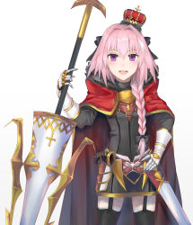 Rule 34 | 1boy, absurdres, astolfo (fate), black thighhighs, blush, braid, cape, fate/apocrypha, fate/grand order, fate (series), garter straps, gold trim, gorget, hair intakes, hair ribbon, highres, holding, holding polearm, holding weapon, komainu (yamaha1997), long hair, looking at viewer, male focus, open mouth, pink hair, polearm, purple eyes, ribbon, single braid, smile, solo, spear, standing, thighhighs, trap, weapon