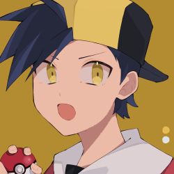 Rule 34 | 1boy, backwards hat, baseball cap, black hair, black shirt, commentary request, creatures (company), ethan (pokemon), game freak, hand up, hat, holding, holding poke ball, jacket, looking at viewer, male focus, nintendo, open mouth, osigatoutoi tou, poke ball, poke ball (basic), pokemon, pokemon adventures, red jacket, shirt, short hair, simple background, solo, upper body, yellow background, yellow eyes
