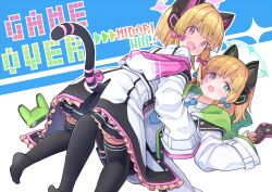 Rule 34 | 2girls, animal ear headphones, animal ears, black skirt, black thighhighs, blonde hair, blue archive, blue bow, blue necktie, blush, bow, cat tail, collared shirt, controller, fake animal ears, game controller, green eyes, green halo, hair bow, halo, headphones, highres, jacket, long sleeves, midori (blue archive), momoi (blue archive), multiple girls, necktie, nomio, open mouth, pink bow, pink eyes, pink halo, pleated skirt, shirt, short hair, siblings, sisters, skirt, tail, teeth, thighhighs, twins, two-sided fabric, two-sided jacket, upper teeth only, white jacket, white shirt