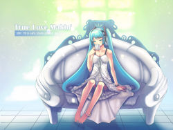 Rule 34 | 00s, 1girl, 2009, anklet, aqua hair, bare legs, barefoot, cup, dress, english text, feet, female focus, gradient background, hatsune miku, indoors, jewelry, last night good night (vocaloid), long hair, nail polish, reason (ficafe), sitting, solo, teacup, toenail polish, toenails, twintails, very long hair, vocaloid