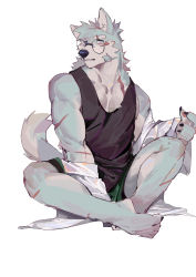 Rule 34 | 1boy, animal ears, bara, black tank top, blue fur, blue hair, body fur, casual, dog boy, dog ears, dog tail, furry, furry male, glasses, green shorts, highres, male focus, muscular, muscular male, original, pectoral cleavage, pectorals, round eyewear, scar, scar on arm, scar on chest, scar on leg, seato-hao, short hair, shorts, sitting, snout, solo, tail, tank top