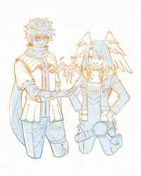 Rule 34 | +++, 1boy, 1girl, :d, blue eyes, bodysuit, closed mouth, commentary, cropped legs, eunie (xenoblade), feathered wings, glasses, gloves, grey background, hair between eyes, hands on own hips, head wings, highres, hood, hood down, hooded jacket, jacket, long sleeves, open clothes, open jacket, open mouth, pants, parted bangs, ribbon-trimmed sleeves, ribbon trim, scarf, shirt, simple background, smile, taion (xenoblade), wings, xenoblade chronicles (series), xenoblade chronicles 3, yellow eyes, zeldin