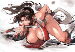 Rule 34 | 1girl, absurdres, breasts, brown hair, fatal fury, fighting stance, folded fan, folding fan, grey eyes, hand fan, hanging breasts, high ponytail, highres, holding, holding fan, juaag acgy, large breasts, long hair, ninja, pelvic curtain, ponytail, revealing clothes, shiranui mai, snk, the king of fighters, thighs