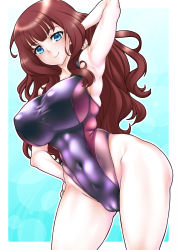 Rule 34 | 1girl, arm behind head, assault lily, blue eyes, blunt bangs, breasts, brown hair, cameltoe, commentary request, covered navel, kaede johan nouvel, large breasts, long hair, looking at viewer, multicolored clothes, multicolored swimsuit, one-piece swimsuit, purple one-piece swimsuit, shiromitsu suzaku, solo, standing, swimsuit