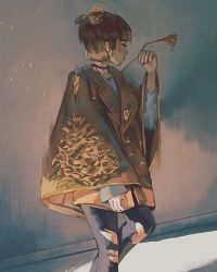 Rule 34 | 1girl, blush stickers, brown hair, coat, collar, cropped legs, double bun, floral print, flower, from below, hair bun, highres, holding, holding flower, klegsart, lily (flower), long sleeves, looking away, original, pants, print coat, profile, solo, torn clothes, torn pants