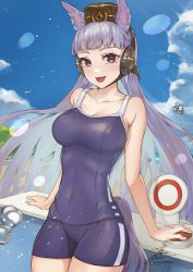 Rule 34 | 1girl, :p, arm support, blue sky, blurry, blush, bokeh, breasts, cleavage, cloud, competition school swimsuit, depth of field, dunk tank, fadingz, gold ship (umamusume), grey hair, highres, horse girl, long hair, looking at viewer, medium breasts, pixiv id, red eyes, school swimsuit, signature, sky, solo, swimsuit, tongue, tongue out, umamusume, very long hair